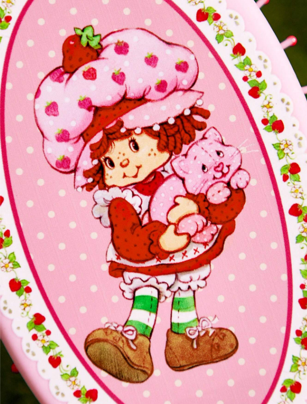 Strawberry Shortcake Cartoon Character & Strawberry Print Pink Hand Fan Hair Brush