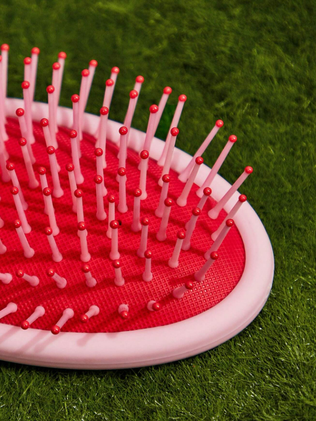 Strawberry Shortcake Cartoon Character & Strawberry Print Pink Hand Fan Hair Brush