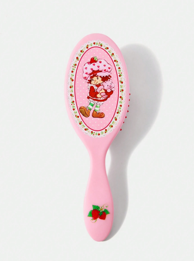 Strawberry Shortcake Cartoon Character & Strawberry Print Pink Hand Fan Hair Brush