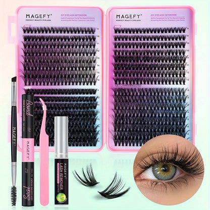 MAGEFY 640/680/800 Cluster False Eyelash Extension Kit, D Curl, 9-16mm Mixed Length, Includes Brush, Glue, Tweezers, Remover