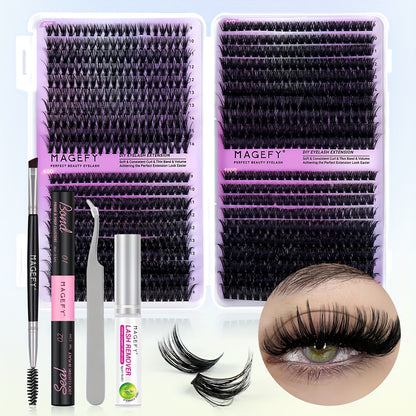 MAGEFY 640/680/800 Cluster False Eyelash Extension Kit, D Curl, 9-16mm Mixed Length, Includes Brush, Glue, Tweezers, Remover