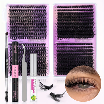 MAGEFY 640/680/800 Cluster False Eyelash Extension Kit, D Curl, 9-16mm Mixed Length, Includes Brush, Glue, Tweezers, Remover