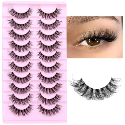 10 Pairs Natural Fluffy Eyelashes Wispy Lashes 3D Volume Strip Lashes D Curl Eyelashes with Clear Band Eye Lashes