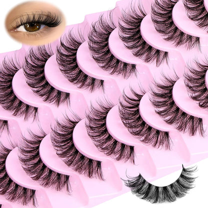 10 Pairs Natural Fluffy Eyelashes Wispy Lashes 3D Volume Strip Lashes D Curl Eyelashes with Clear Band Eye Lashes