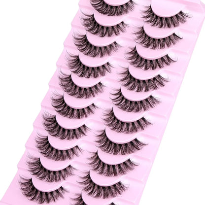 10 Pairs Natural Fluffy Eyelashes Wispy Lashes 3D Volume Strip Lashes D Curl Eyelashes with Clear Band Eye Lashes