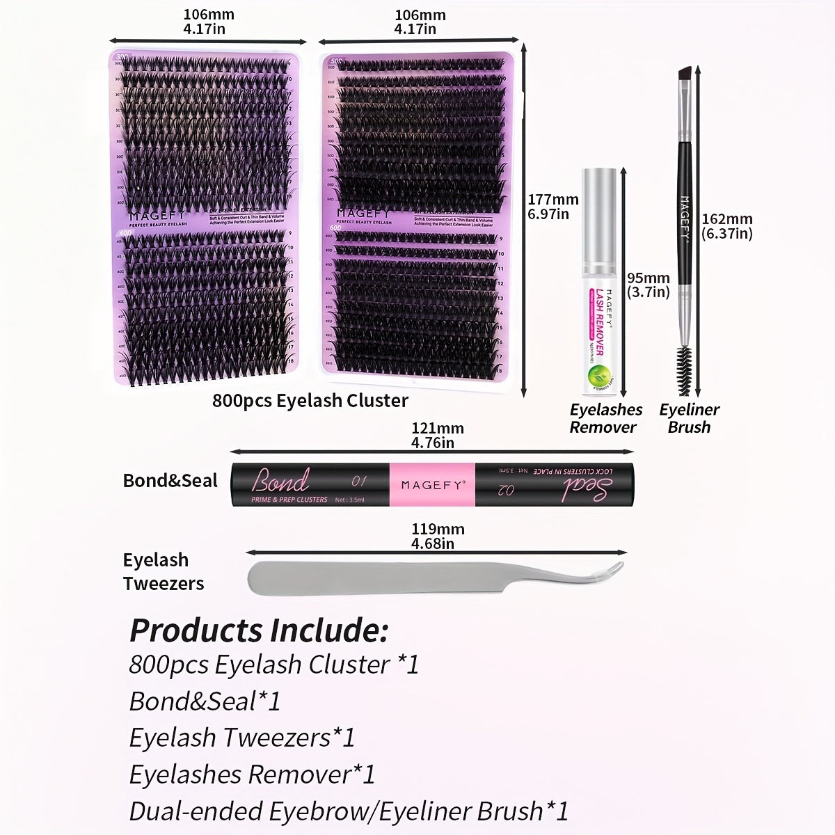 MAGEFY 640/680/800 Cluster False Eyelash Extension Kit, D Curl, 9-16mm Mixed Length, Includes Brush, Glue, Tweezers, Remover