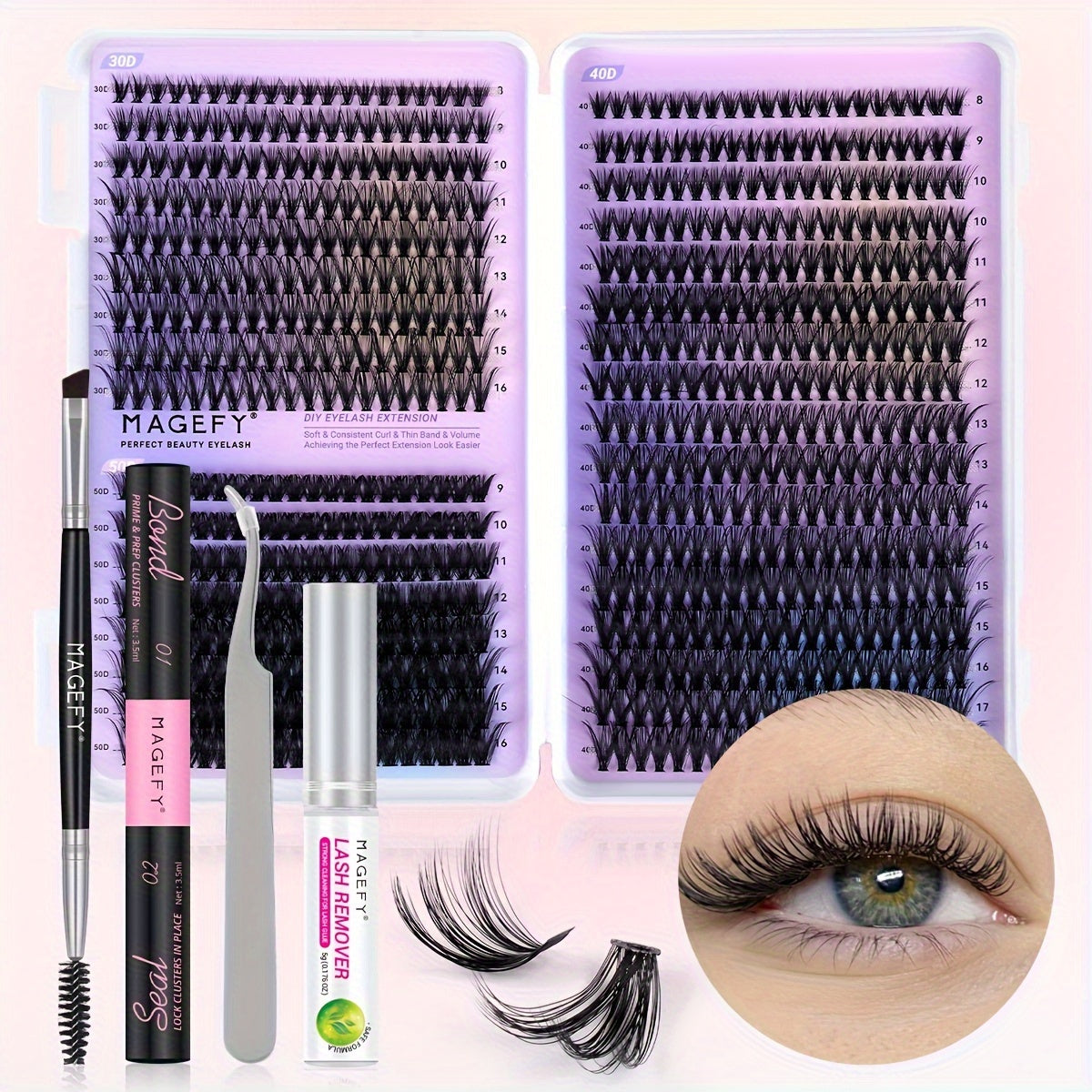 MAGEFY 640/680/800 Cluster False Eyelash Extension Kit, D Curl, 9-16mm Mixed Length, Includes Brush, Glue, Tweezers, Remover