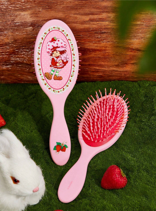 Strawberry Shortcake Cartoon Character & Strawberry Print Pink Hand Fan Hair Brush