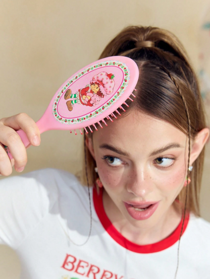 Strawberry Shortcake Cartoon Character & Strawberry Print Pink Hand Fan Hair Brush