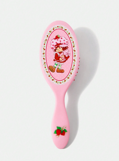 Strawberry Shortcake Cartoon Character & Strawberry Print Pink Hand Fan Hair Brush